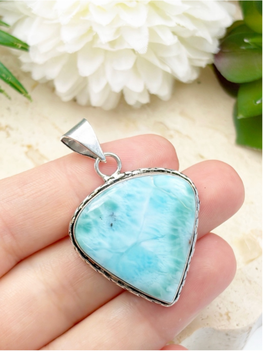 Chunky Larimar Gemstone Pendant Pear Teardrop Boho Southwest Vintage Style 925